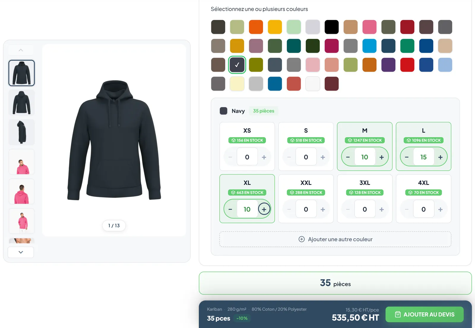 Fiche produit d'un sweat Kariban sur la boutique InkSide : stock par taille, 35 pièces choisies, remise de 10 % et prix total calculé de 535,50 € HT