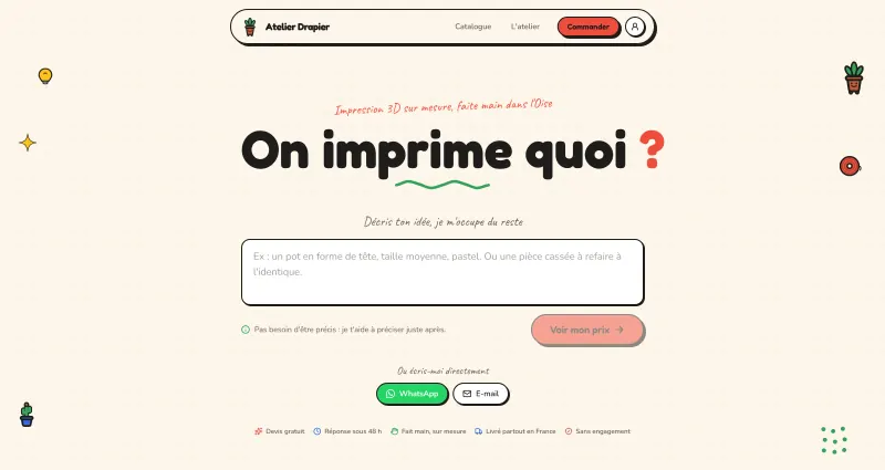 Aperçu du projet Atelier Drapier, la plateforme sur-mesure d'un artisan de l'impression 3D pour Atelier Drapier - Artisanat / Impression 3D à Margny-lès-Compiègne (60)
